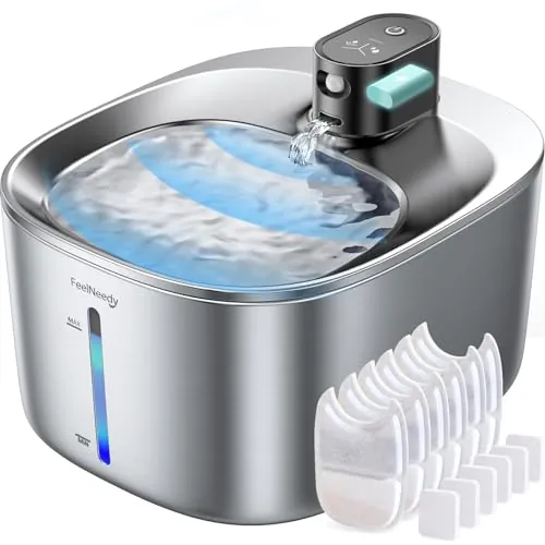 Fuente para Gatos Inalambrica con Sensor De Movimiento En Acero Inoxidable, Feelneedy 4l Fuente De Agua para Gatos Sin Cable con Bateria Recargable 4000mah, con 6 Filtros+ 12 Esponjas, INOX