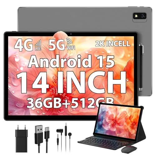PIXGOOD 2K Android 15 Tablet 14 Pulgadas, 4G SIM LTE & 5G WiFi, 36GB RAM, 512GB ROM (2TB Expansion), 2000 * 1200FHD, 11580mAh, Octa-Core 2.0GH, 13MP+8MP, Tablet con Teclado/GPS/Bluet 5.0 (Gris)