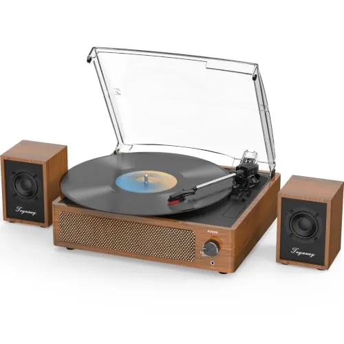 Tocadiscos con Altavoces pasivos de estantería, Tocadiscos Bluetooth para Discos de Vinilo, 3 velocidades, Entrada Auxiliar inalámbrica, Conector para Auriculares y función de Parada Amarillo
