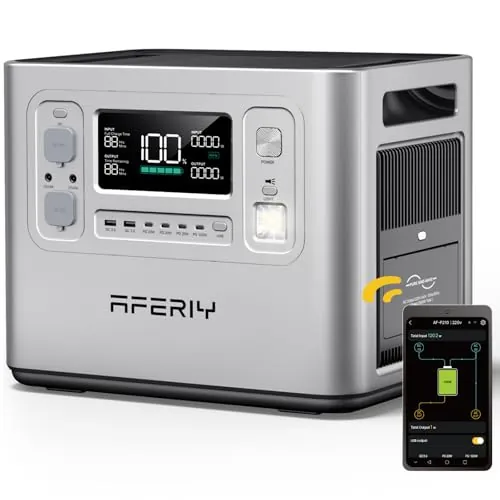 AFERIY 2400W Estacion de Energia Portatil, 2048Wh LiFePO4 Batería, 1,5H de Carga Rápida, 13 Conexiones, Onda Sinusoidal 230V, UPS, APP, Fuente de Alimentación Móvil para Camping al Aire Libre Plata