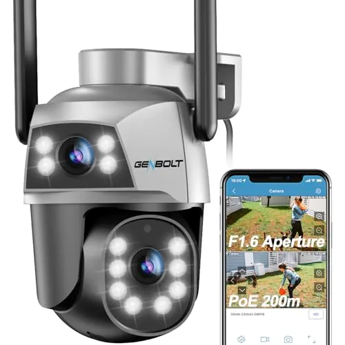 GENBOLT Camara Vigilancia Exterior 2,4&5GHz WiFi con PoE, Doble Lente CCTV Camara Vigilancia Domicilio WiFi del Hogar, PTZ Cámara IP con la Noche de Color, Seguimiento Automático
