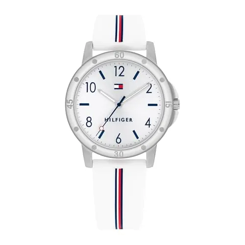 Tommy Hilfiger Reloj para Niña con Esfera Plateada, Correa de Silicona Blanca, Caja Plateada de 32mm, Movimiento de Cuarzo de 3 Manecillas, Resistente al Agua 3 ATM - 1720014