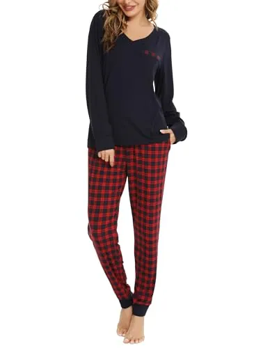 Vlazom Pijama Mujer Invierno Pijamas Mujer de Manga Larga de Dos Piezas con Pantalón a Cuadros,XL,A-Rojo