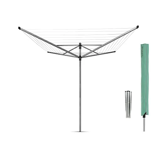 Brabantia - Tendedero Rotary Lift-O-Matic - con Soporte para jardín - Ajustarlo fácilmente a tu Altura - Cuerdas resisitentes a los Rayos UV - Antideslizantes - Metallic Gris - 50m