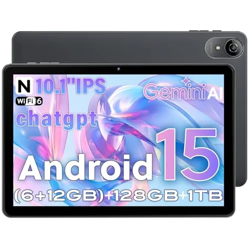 UBDXBD Tablet 10 Pulgadas Android 15 Gris, Gemini AI, 18GB RAM (6+12) 128GB, T30 Octa-Core, Pantalla IPS HD, 6000mAh, WiFi 2.4/5G, GPS, GMS Certificado, Face ID, Type-C, BT, TF 1TB, Gray