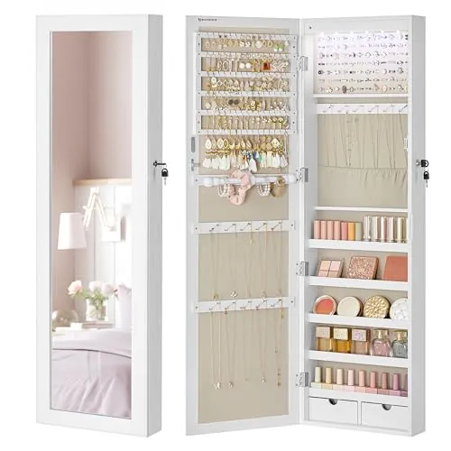 SONGMICS Armario para Joyas, Espejo Joyero de Pared con Luces LED y Cierre | Organizador para Pendiente, Collar, Varios Compartimentos, Color Negro Tinta y Blanco, Colección Berit JJC093W01