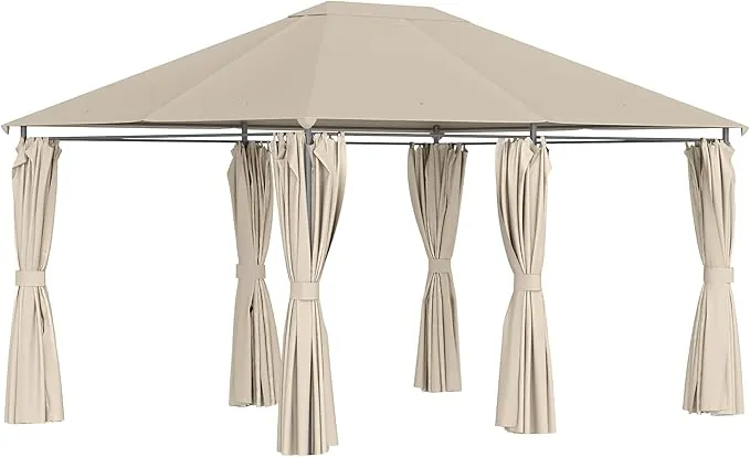 Outsunny Cenador de Jardín 4x3 m Pabellón de Exterior con 6 Paredes Laterales 8 Orificios de Drenaje y Marco de Acero Gazebo para Fiestas Patio Terraza Caqui