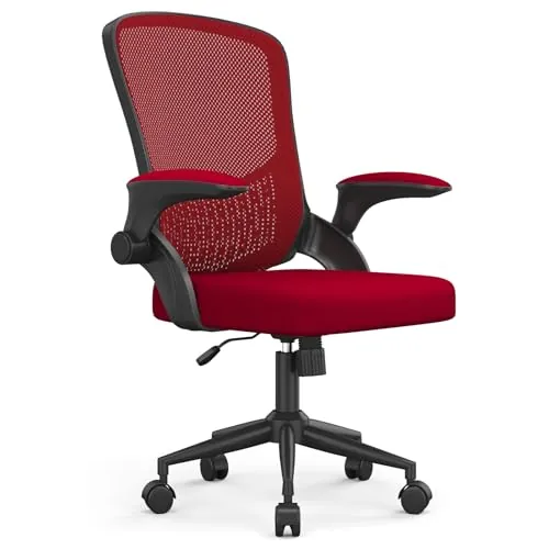 naspaluro Silla de Oficina Ergonómica con Soporte Lumbar de Diseño Exclusivo, Brazos Abatibles 90°, Tapicería de Malla Transpirable, Silla de Escritorio Giratoria 360°, Negro con Rojo