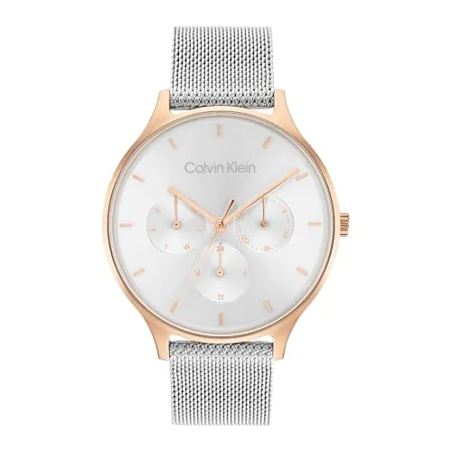 Calvin Klein Reloj Analógico de Cuarzo Multifunción para Mujer Colección Timeless Mesh MF con Correa de Malla de Acero Inoxidable Plateada - 25200106