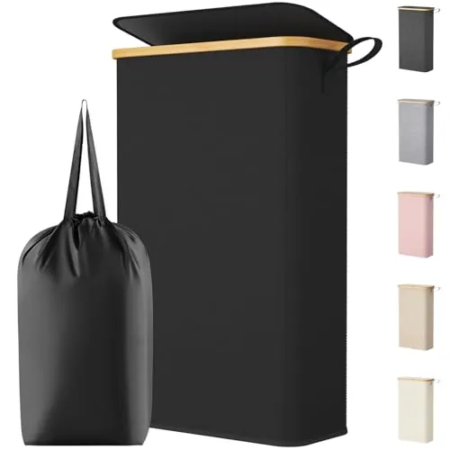 Lifewit Cesto Ropa Sucia Estrecho con Tapa, Cesto de Ropa Plegable con Bolsa Extraíble y Asa, Cesta Ropa Sucia de Bambú, Cubo de Ropa para Dormitorio, Baño, Lavandería, Dormitorio, 70 L, Negro