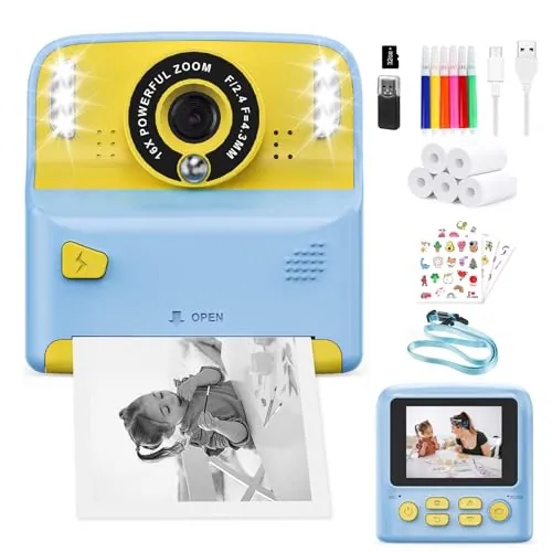 PHNIXGAM Cámara instantánea para niños con 2 Flash, cámara Digital, cámara Infantil, cámara de Fotos HD de 2,4 Pulgadas, Regalo para niños y niñas, Incluye 5 Rollos de Papel de impresión