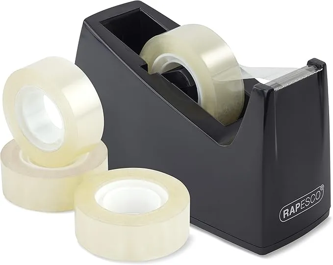 Rapesco 1619 Dispensador de Cinta Adhesiva 300 con Diámetro del Mandril de 25 mm, 4 Rollos de Cinta Incluidas, Negro