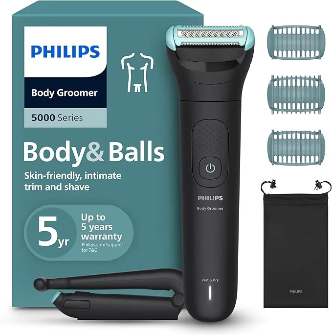 Philips Afeitadora Corporal Series 5000 - Depiladora Masculina con sistema de protección, Recorta y depila las zonas íntimas y la espalda, 100% impermeable, 100 min de autonomía, BG5480/15.
