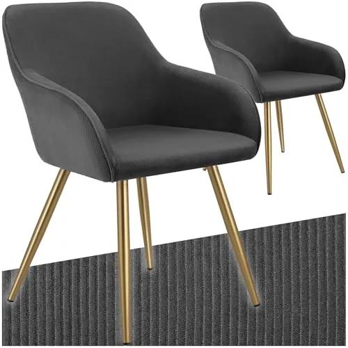 tectake® Sillas de Comedor, Silla Acolchada con Tejido de Pana, Respaldo Continuo, Patas de Acero Robustas, Muebles Comedor, Sillas Comedor Modernas, Silla Comedor Nordica - 2 Sillas Antracita/Oro