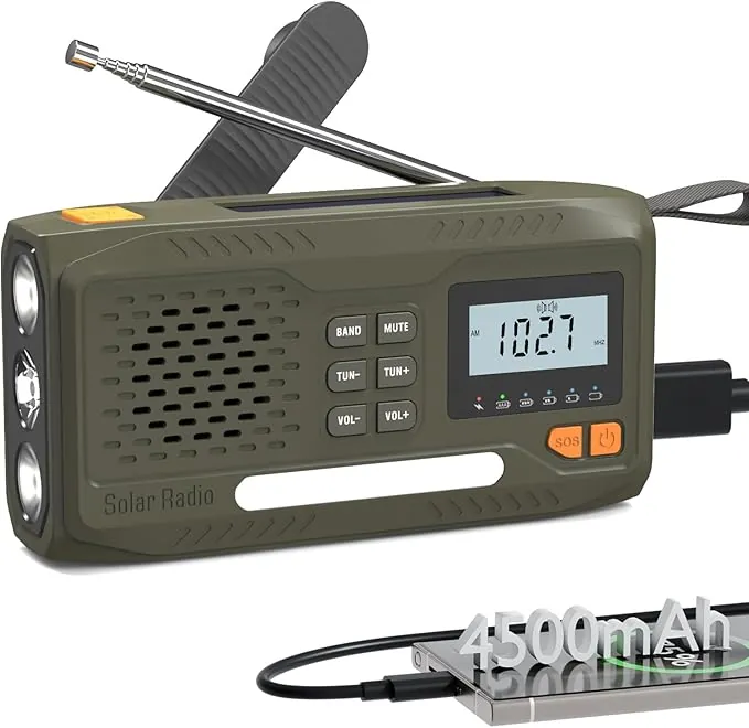 Radio Solar de Emergencia,Radio a Pilas Portatil Batería de 4500 MAh,Am/FM Radio Emergencia con Manivela,Pantalla, Kit de Emergencia Que Incluye Linterna,SOS Alarma y Cargador de Móviles USB
