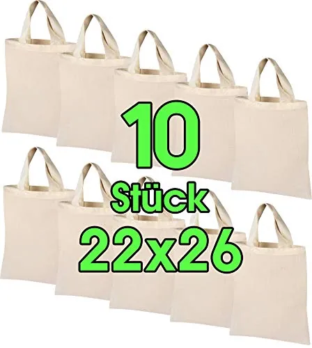 10 piezas 22 x 26 cm Funda de algodón natural unbedruckt Corto Asa - Plástico Funda, Bolsa Hipster, Vegan textil Bolsa ÖKOTEX certificada lana Pack Monótono para pintar y Imprimir