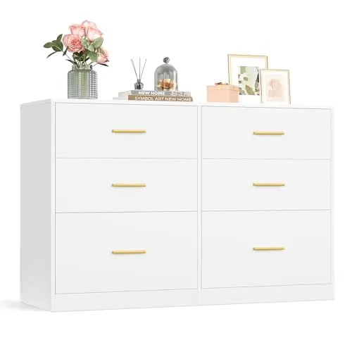 VASAGLE Custos Colección - Cómoda para Dormitorio, Mueble Almacenaje con Cajones, Soporte Moderno para TV de Salón, 6 Cajones, 40 x 119 x 78 cm, Blanco Nube LTS416WB01