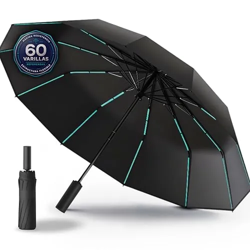JFH ProLegacy Paraguas Plegable Antiviento 60 Varillas fibra de vidrio - Resistente al Viento Fuerte, Se Dobla y Recupera su Forma, Automático, Compacto, Impermeable, Protección UV50+