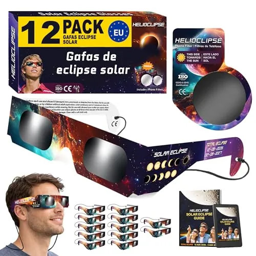 Helioclipse 12 Gafas Eclipse Solar Homologadas ISO 12312-2 CE para Ver Eclipse Solar 2026, Gafas de Eclipse Solar Seguras Certificadas