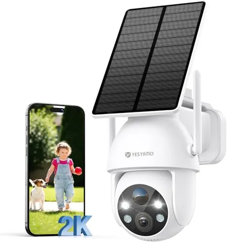 YESYAMO 2K Cámara Vigilancia WiFi Exterior Solar con Batería, Panel Solar, 2.4GHz Wi-Fi Cámara Exterior Solar IP66, 360° PTZ, Visión Nocturna Color, Audio Bidireccional, PIR Sirena, Blanca