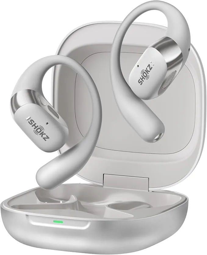 SHOKZ OpenFit 2+ Auriculares Open-Ear, Dolby Audio, 48h de Uso, Auriculares Gancho Bluetooth con Mic., Resistencia al Agua IP55, Carga inalámbrica, Carga rápida, Bolsa de Transporte, Gris