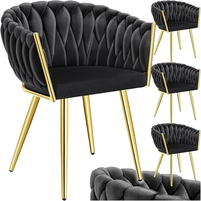 tectake® Juego De Sillas de Comedor, Silla Acolchada con Reposabrazos, Diseño Anudado, Estructura de Acero, Cocina, Sillas Comedor Nordica - 4 Sillas Negro/Oro