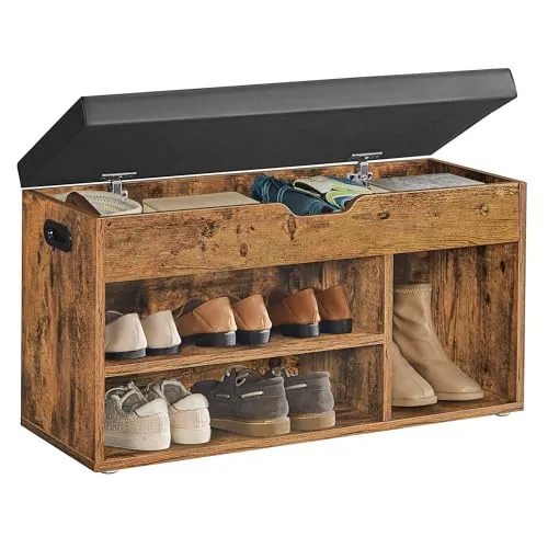 VASAGLE Banco Zapatero con Cojín, de Almacenamiento, 3 Compartimentos | Estantes, Carga de 150 kg, Sala de Estar, Pasillo, Dormitorio, Marrón Rústico, Colección CUSTOS LHS30BX