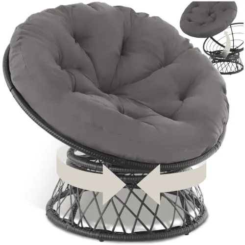 tectake® Sillón de Ratán y Acero en Forma de Cuenco, Giratorio, Muebles Jardín Exterior Resistentes a Intemperie, Sillón para Conjunto Jardín Exterior, Cojín Grande y Mullido, Altura Ajustable - negro