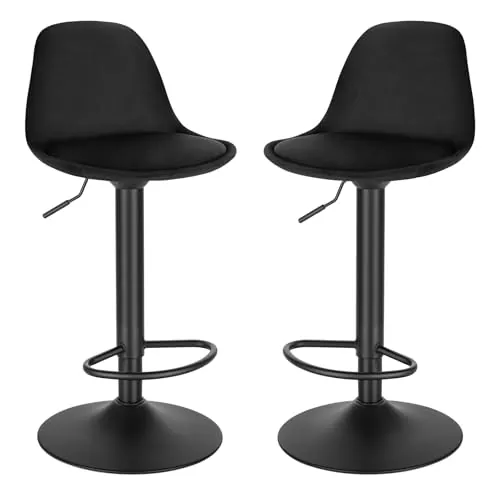 EUGAD 2X Taburetes Altos de Cocina con Respaldo en Terciopelo, Negro Tinta | Giratorio 360°, Altura Ajustable Entre 60,5-82 cm, Estructura Metal, con Reposapies，para Comedor, Salón y Cafetería