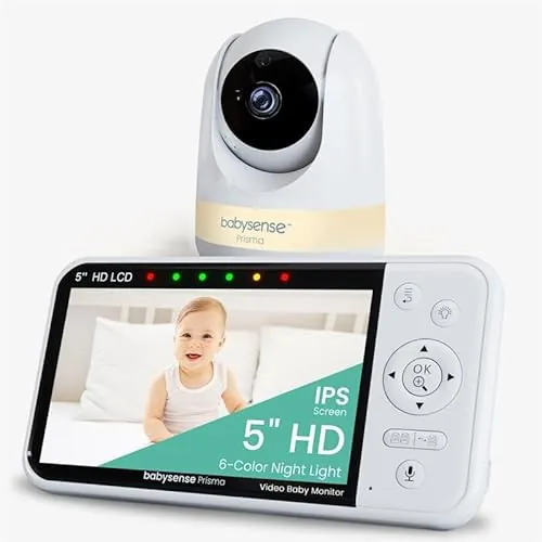 Babysense - Vigilabebés con cámara, 5 pulgadas 720P HD, sin WiFi, luz nocturna de 6 colores, canciones de cuna, alcance de 300 m, audio bidireccional, modo ECO, zoom 4X, batería de 4000 mAh