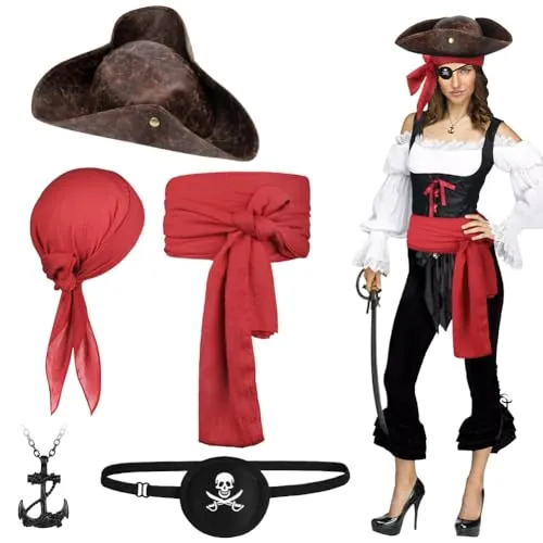 Alaoo Accesorios de Disfraz de Capitán Pirata, 5 Pcs Disfraz Pirata Hombre | Bandana Pirata y Cinturón, Parches de Ojos Pirata, Collares y Sombrero, para Carnaval y Halloween, Fiestas Fiestas,Rojo