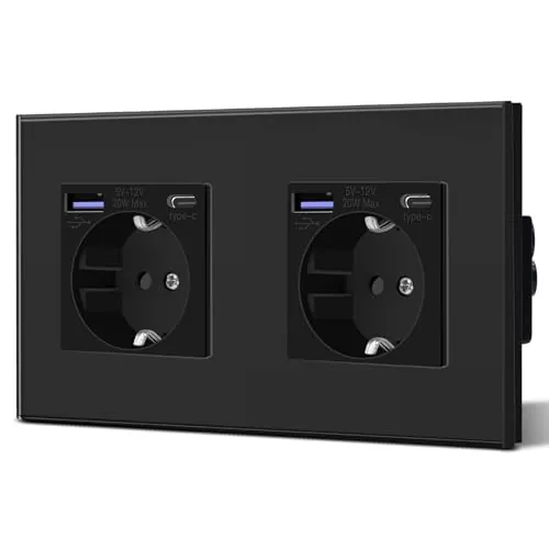 BSEED Enchufe Doble Pared con 20W USB y Tipo C,Enchufe USB C de Cristal,Carga Rápida,3 en 1，Fácil Instalación,2 Enchufes,157mm Negro