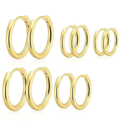 JEYORZY 5 Pares Pendientes de Aro, Pendientes Aro Pequeños, Acero Inoxidable Hipoalergénicos, Pendientes Hombre Aretes de Mujer, Pendientes de Aro de Cartílago(Dorado,8/10/12/14/16mm)