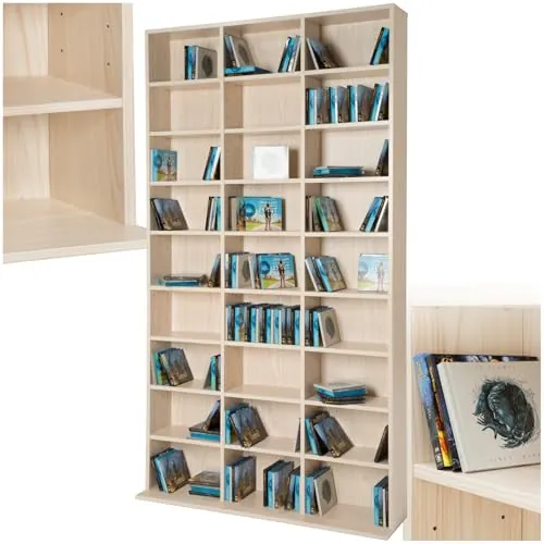 tectake® Estantería para CDs y DVD, 180x102x23,5 cm, 27 Compartimentos | hasta 1080 CD, Pared Posterior Estable, Montaje Sencillo, Peso 34 kg, MDF y Metal, Almacenamiento Multimedia, Salón, Haya