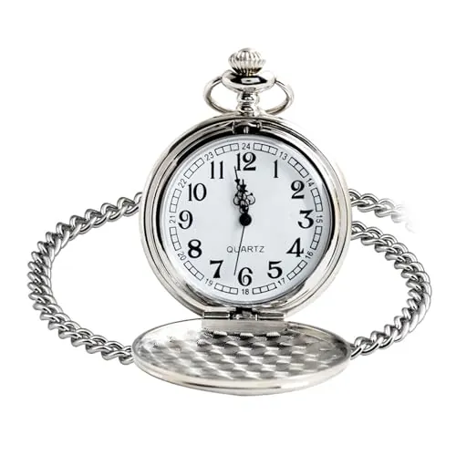 Cerioll Reloj De Bolsillo Vintage De Cuarzo, Vintage Reloj De Bolsillo con Cadena, con Cadena De Números Árabe Clásico, Elegante Y Clásico, Unisex, para Día del Padre, Cumpleaños, Aniversario, Plata