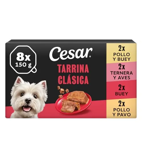 Cesar Classic Terrine 150 g, Bandeja para Adulto, Pack estándar de 8 con Pollo y Ternera/Ternera e Hígado/Pollo y Pavo/Ternera y Aves en trozos en paté (Pack de 3)