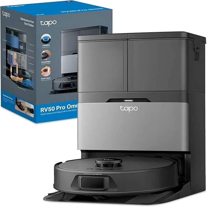 Tapo Robot Aspirador RV50 Pro Omni – 15.000 Pa, Navegación Láser Dual, Autovaciado, Cepillos Antienredo para Mascotas, Limpieza de Bordes, Estación Todo-en-Uno con Depósito de Agua 5L, Negro