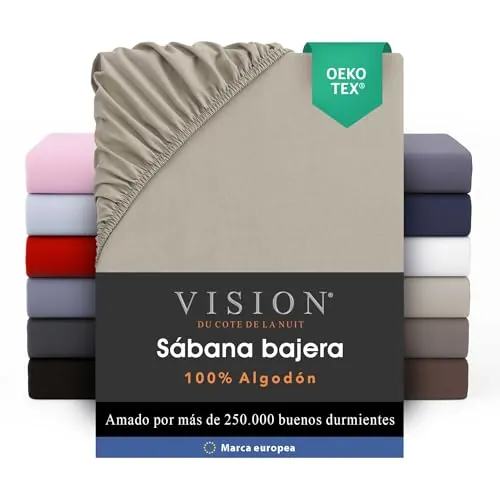 VISION Sábana Ajustable - 100% algodón - Cama Doble (150 x 200 cm) - Esquinas elásticas - Se Adapta a colchones de hasta 30 cm - Certificación Oeko-Tex - Lavable a máquina - Color: Beige