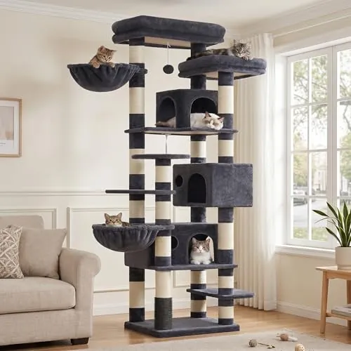 Hey-brother Árbol para Gatos Rascador XXL, Torre de Gatos Multi - Nivel de 188 cm de Altura,con 2 Grandes Plataformas, 3 Cuevas y 2 Cestas, Gris humeado 0EMPJ035-MG