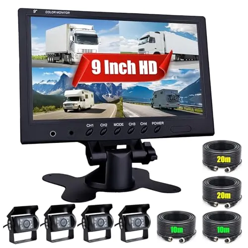 CAMECHO Cámara Trasera para Coche Monitor 9 Pulgadas, Kit 4 Cámaras Marcha Atrás Cableado, Visión Nocturna, IP68 Impermeable, Cables 10M+20M, para Camión Remolque Caravana Autocaravana Tractor 12V-24V