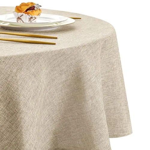DWCN - Mantel Redondo Antimanchas, Efecto Lino, Lavable e Impermeable, Beige, 140 cm, Redondo, Mantel de cumpleaños, fácil de Lavar y Planchar, Mantel para Comedor, jardín al Aire Libre, jardín,