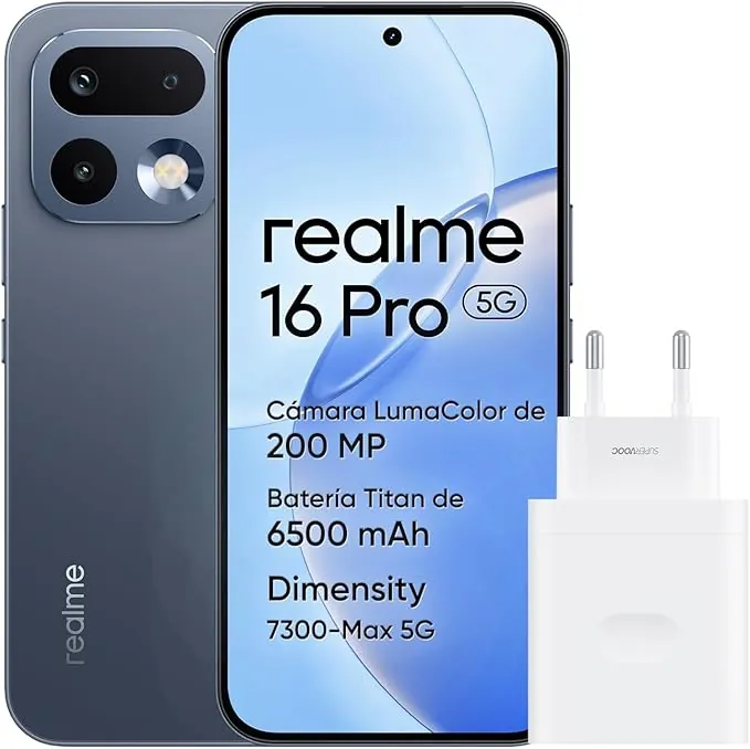 realme 16 Pro 5G Smartphone, 8GB+256GB, Pantalla AMOLED 144Hz 6,78", Batería 6500mAh, Cámara 200MP OIS, IP69K, Carga Rápida 45W, Dual SIM, Next AI, Gris (con Adaptador)
