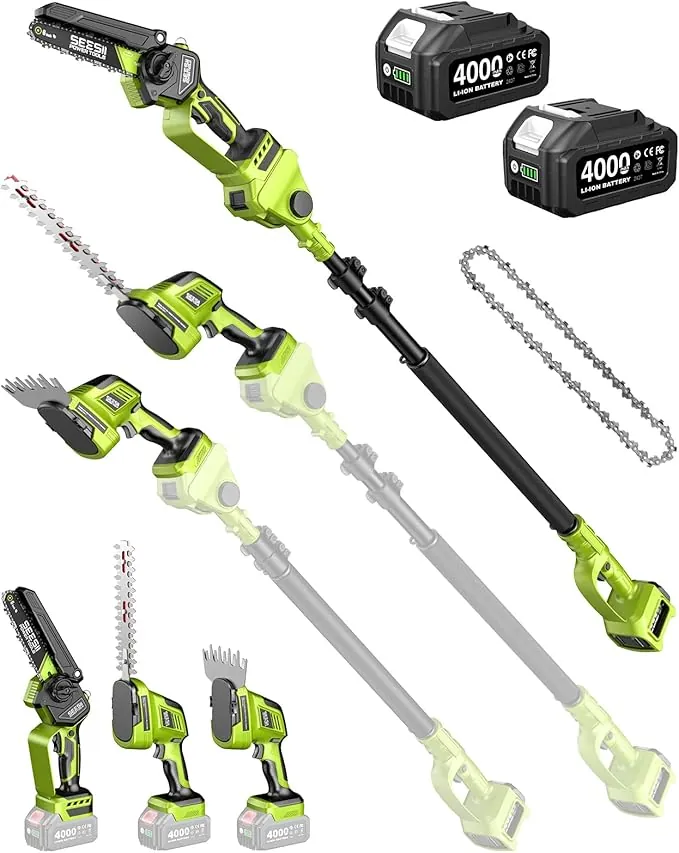 Supstable Set de Jardinería 6 en 1 con Batería: Mini Motosierra & Cortasetos, Podadora Telescópica con 2×4000mAh Baterías, Alcance de hasta 4,57 m – Ideal para el cuidado de árboles y corte de madera