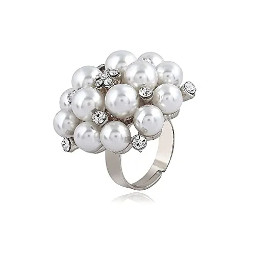 Anillo de boda de perlas de circonita cúbica grande para mujeres y niñas bola de perlas de imitación ajustable banda abierta para cumpleaños cóctel fiesta ajuste cómodo regalo de joyería exagerada
