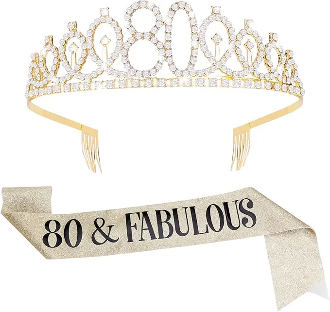 ASTER - Juego de 80 cumpleaños con bufanda y tiara de oro rosa 80 y hermosa bufanda y corona de diamantes de imitación, regalo de cumpleaños para mujer Happy 80th Party Decoraciones