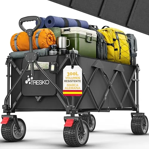 TRESKO® Carro plegable de 300 l con freno, carro de mano plegable, 150 kg, incluye neumáticos de goma maciza, carro de playa plegable, ruedas extra anchas, con bolsa de transporte, color negro
