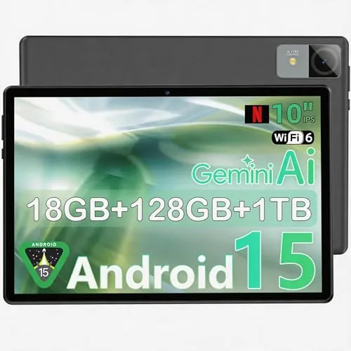UBDXBD Tablet de 10 pulgadas, tablet Android 15, 18 GB de RAM (6+12) 128 GB ROM, T30 Octa-Core, 1 TB ampliable, WiFi 6, batería de 6000 mAh, pantalla IPS HD 1280 × 800, GPS, Widevine L1, tabletas