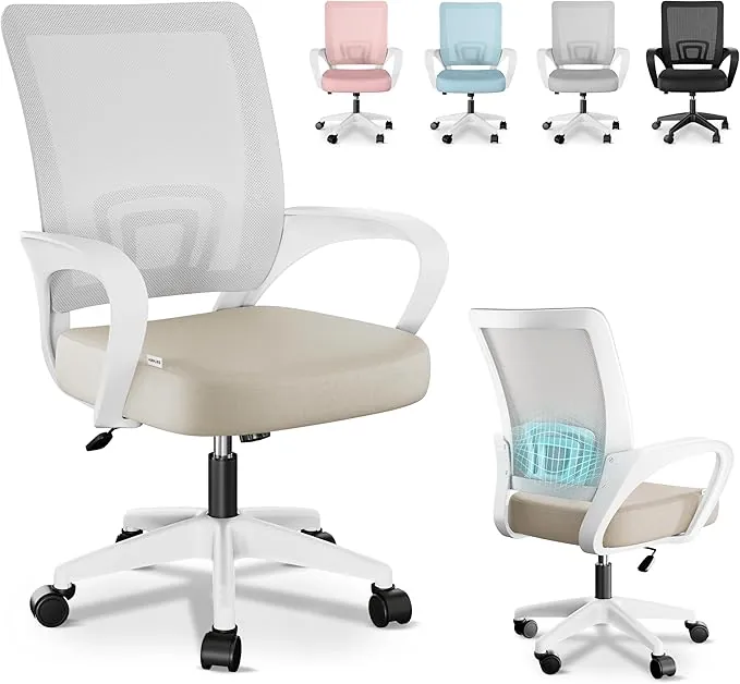 JUPPLIES Silla Escritorio Ergonomica - Silla Oficina con Apoyo Lumbar, Estructura de Plastico, Malla Transpirable, Ruedas Giratorias 360° Soporta hasta 110kg (Beige)