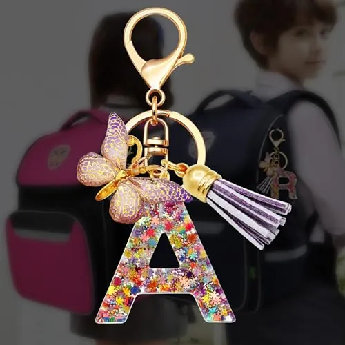 Llavero con letra inicial para mujer, regalo para niñas, borla, bonito colgante del alfabeto de mariposa, llavero para mochila escolar, Púrpura-A, Estandar
