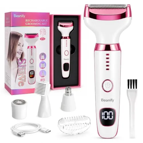 Beanify Afeitadora Eléctrica para Mujer con Pantalla LED, Afeitadora Femenina IPX7 Impermeable Uso Húmedo y Seco, Kit de Cuidado Eléctrico 4 en 1 Inalámbrico para Bikini, Rostro